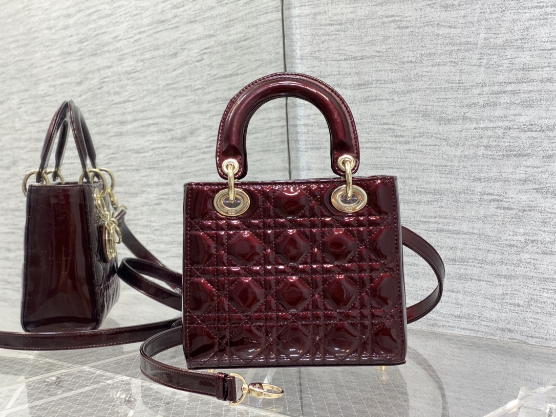 Small Lady Dior Bag Bordeaux Patent Cannage Calfskin